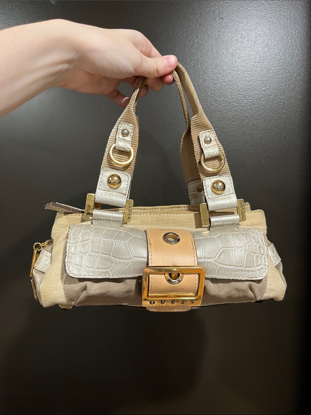 Vintage Y2K GUESS White & Gold Croc-Embossed Shoulder Bag